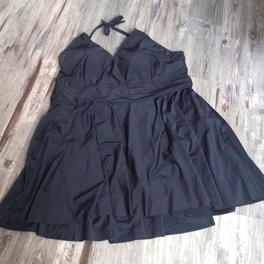 BloomChic Solid Hem Empire Waist Halter Neck Swim Dress - Picture 2 of 16